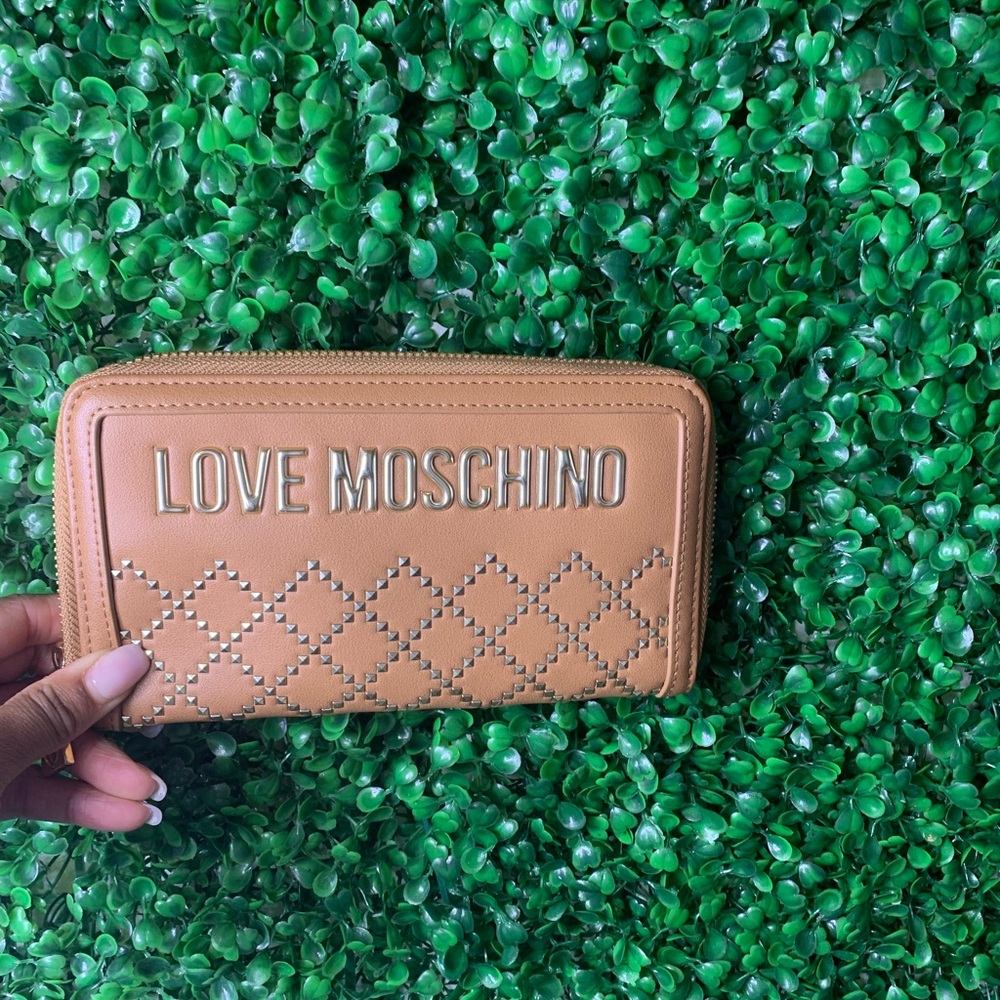 Camel/Tan Love Moschino  gold studded wallet. Still new, never worn